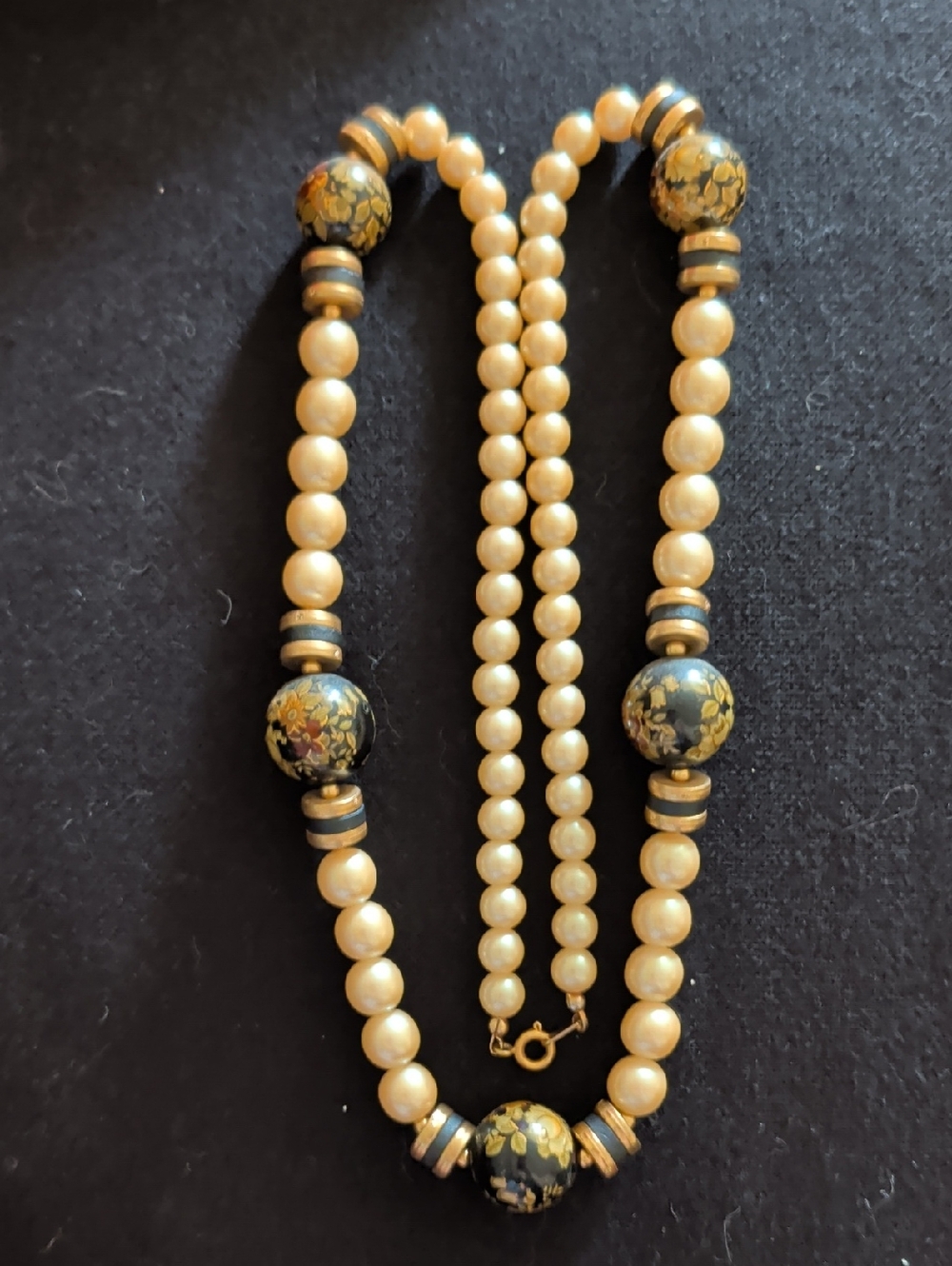 Vintage Pearl Style Necklace with Black and Gold Floral Accent Beads